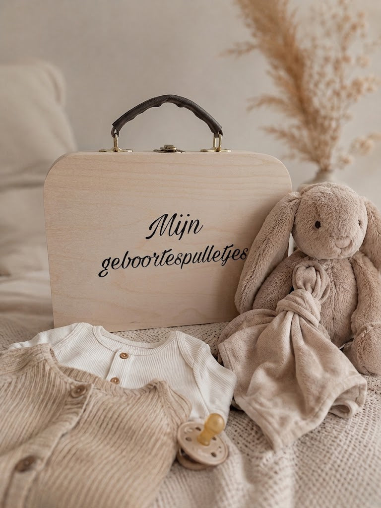 Houten koffertje mijn geboortespulletjes